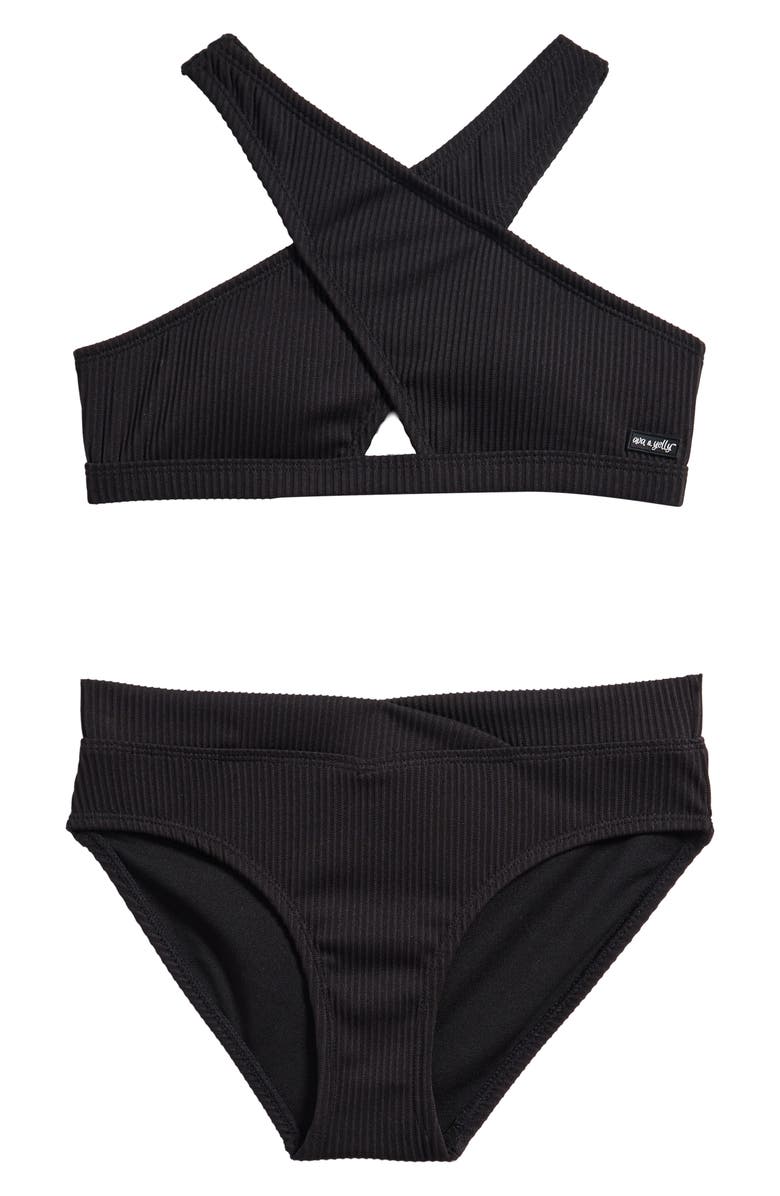 Ava & Yelly Kids' Cross Front Two-Piece Swimsuit, Main, color, Black