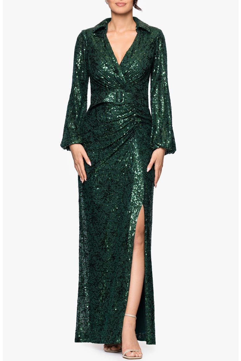 Sequin Collar Long Sleeve Gown, Main, color, PINE