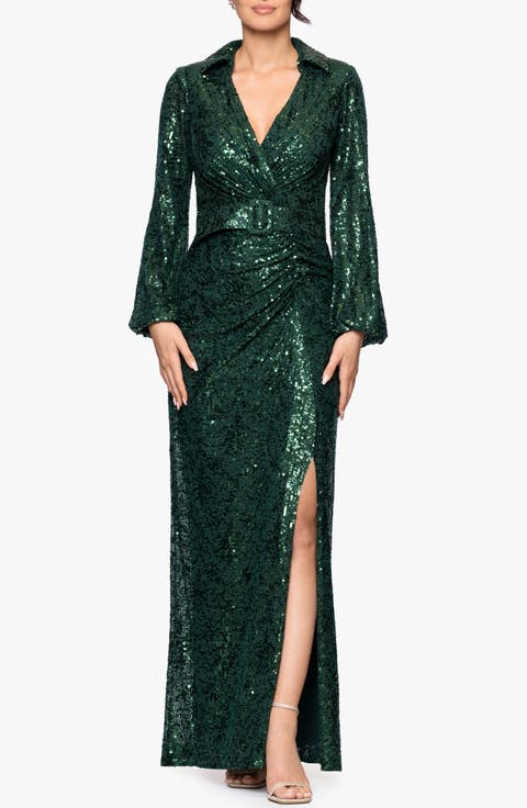 Sequin Collar Long Sleeve Gown