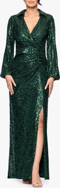 Betsy & Adam Sequin Collar Long Sleeve Gown