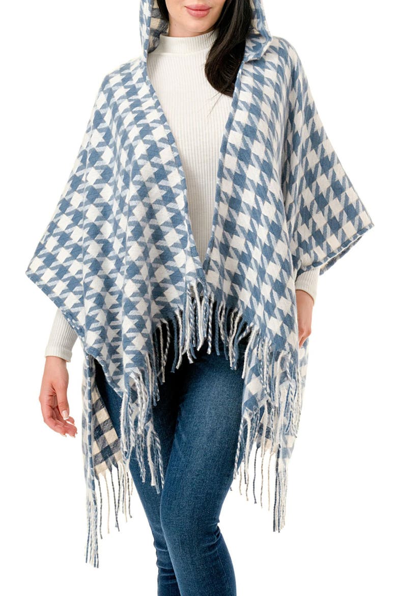 Houndstooth Hooded Ruana, Main, color, BLUE