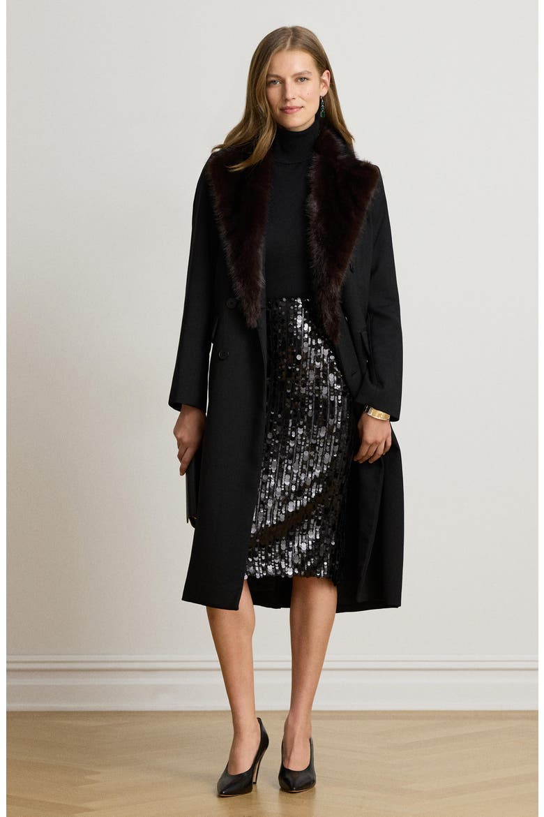 Faux Fur Trim Double Breasted Crepe Coat, Alternate, color, BLACK
