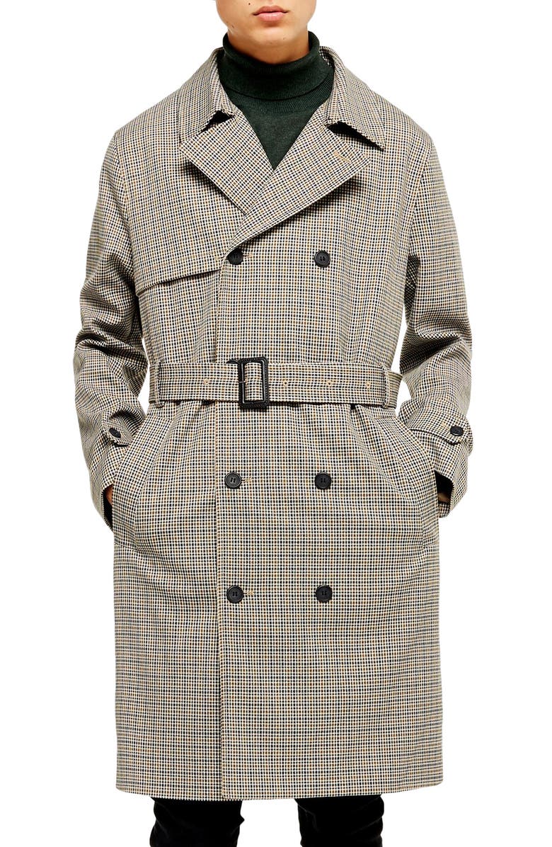 Topman Houndstooth Double Breasted Trench Coat, Main, color, 