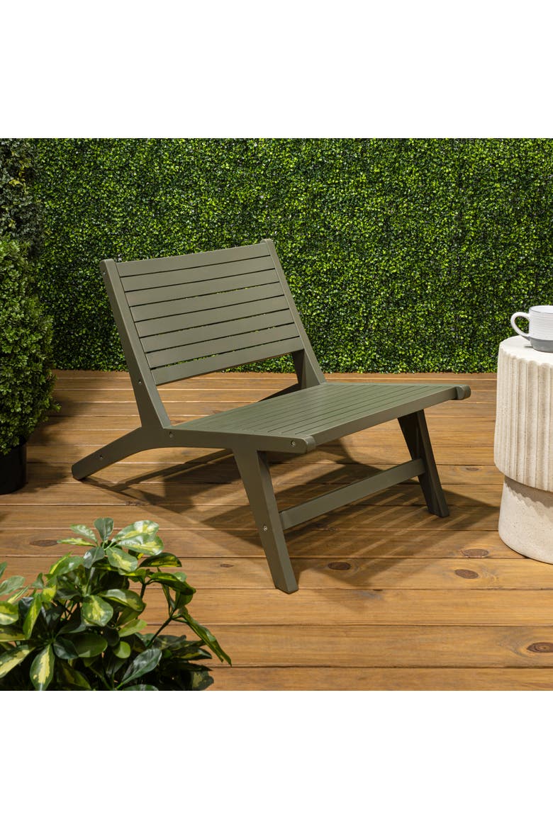 Leo Modern Solid Indonesian Wood Armless Outdoor Lounge Chair, Slatted Low Profile Seating for Patio, Porch or Garden, Alternate, color, Olive Green