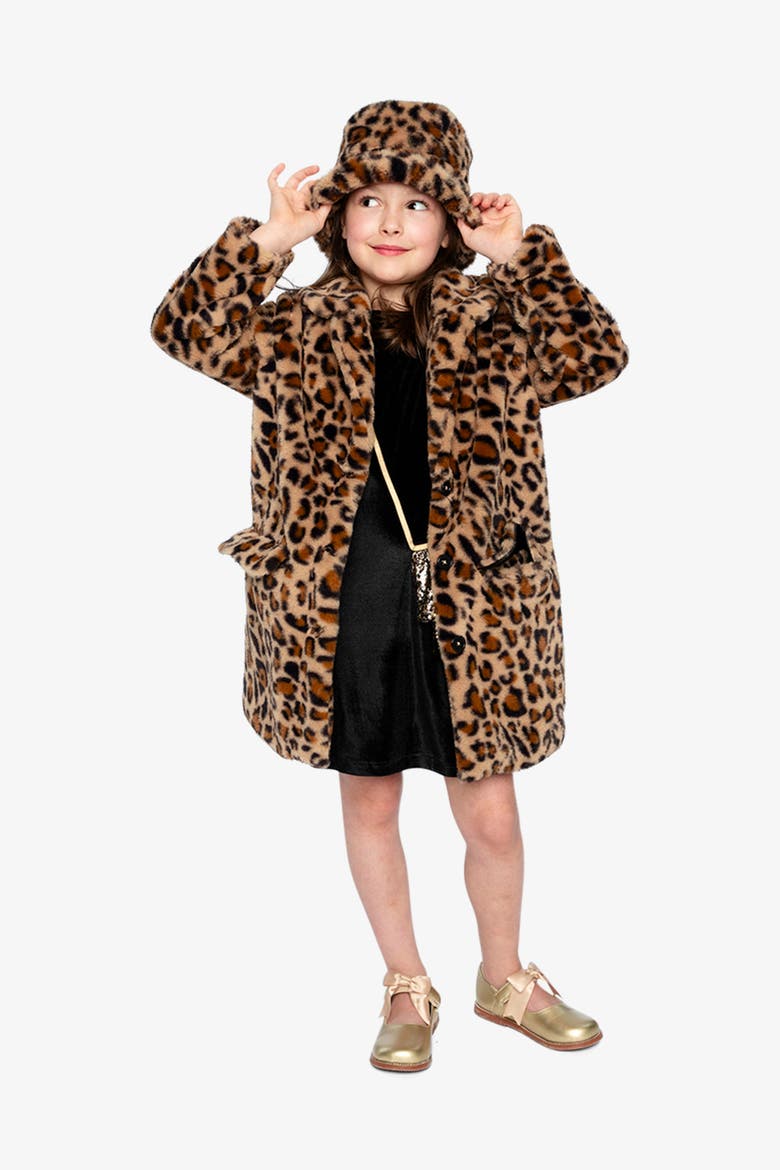 Leopard Faux Fur Sateen Lined Wide Brim Bucket Hat, Alternate, color, Brown with Leopard Print
