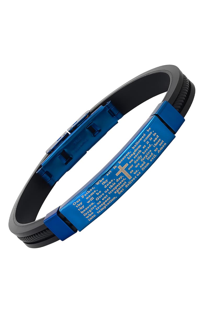 HMY JEWELRY Men's Blue IP Stainless Steel Lord's Prayer Black Rubber Bracelet, Alternate, color, Blue/Black