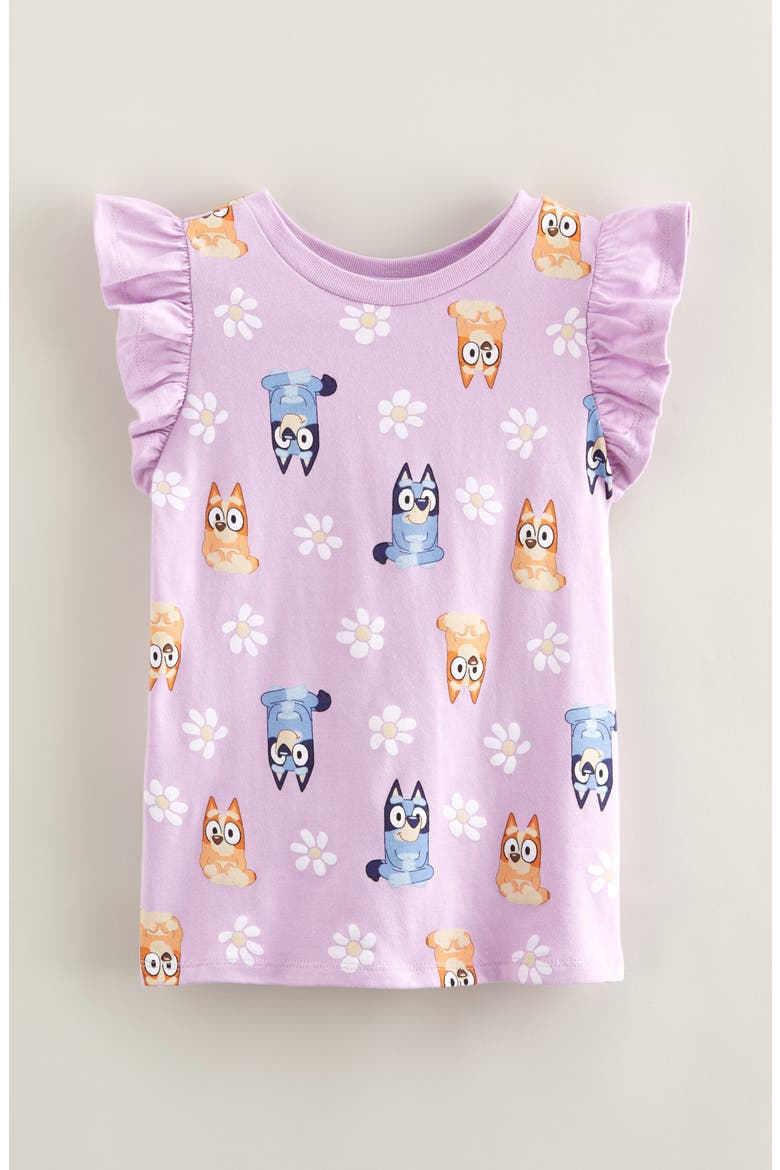 Kids' Ruffle Sleeve Cotton Graphic T-Shirt, Main, color, PURPLE PETAL BLUEY BINGO