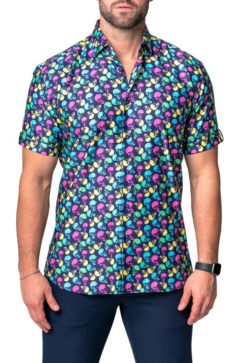 Maceoo Galileo Skull Regular Fit Short Sleeve Button-Up Shirt, Main, color, Multi