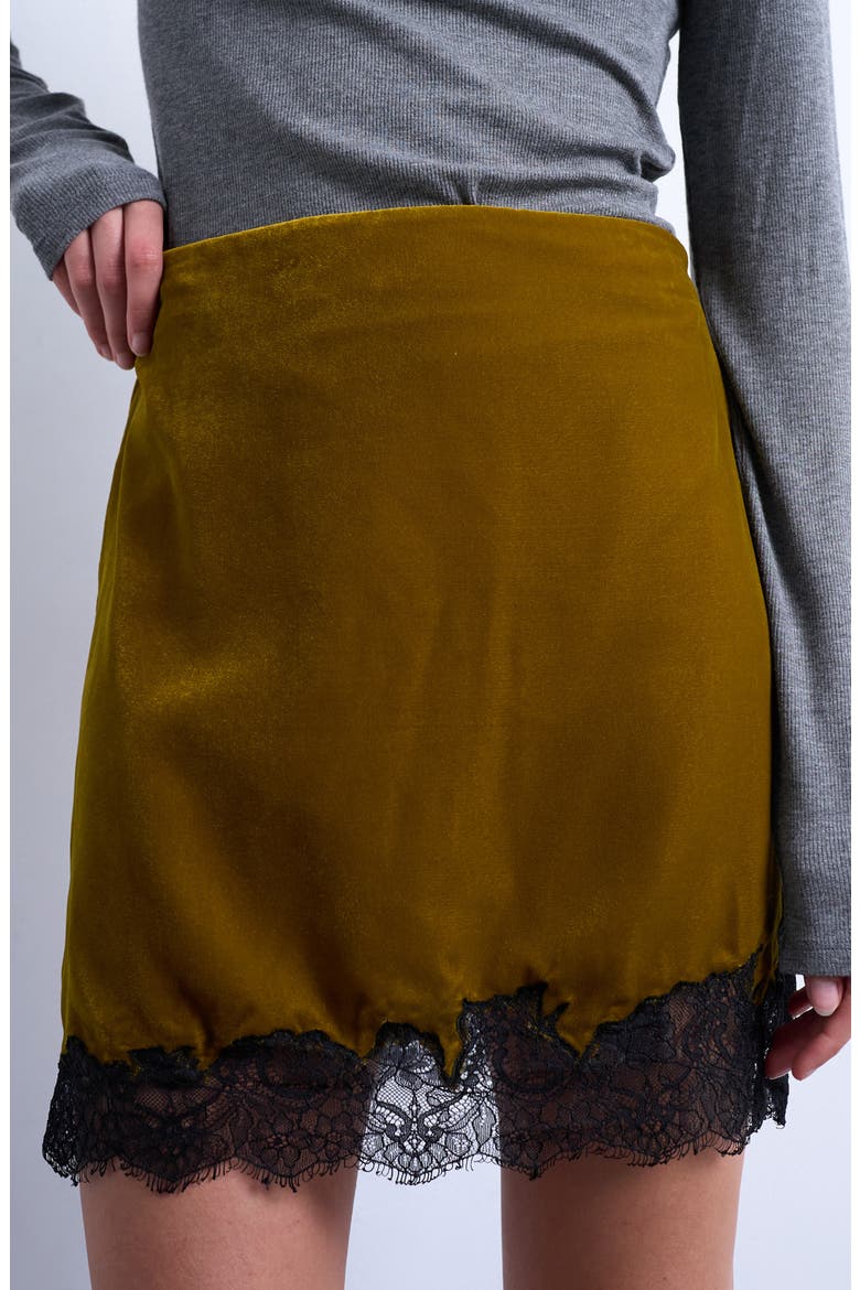 Velvet Lace Trim Miniskirt, Alternate, color, KHAKI GREEN