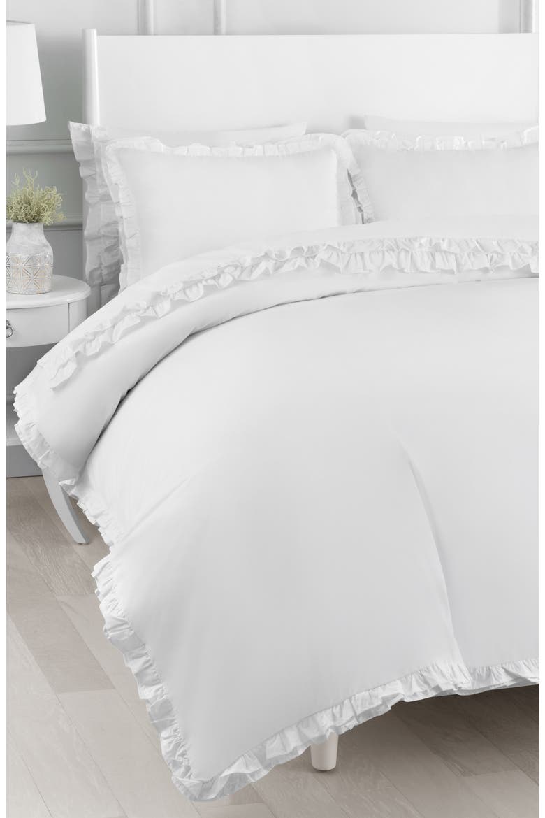 Percale Cotton Double Ruffle Duvet Set, Alternate, color, WHITE/ WHITE