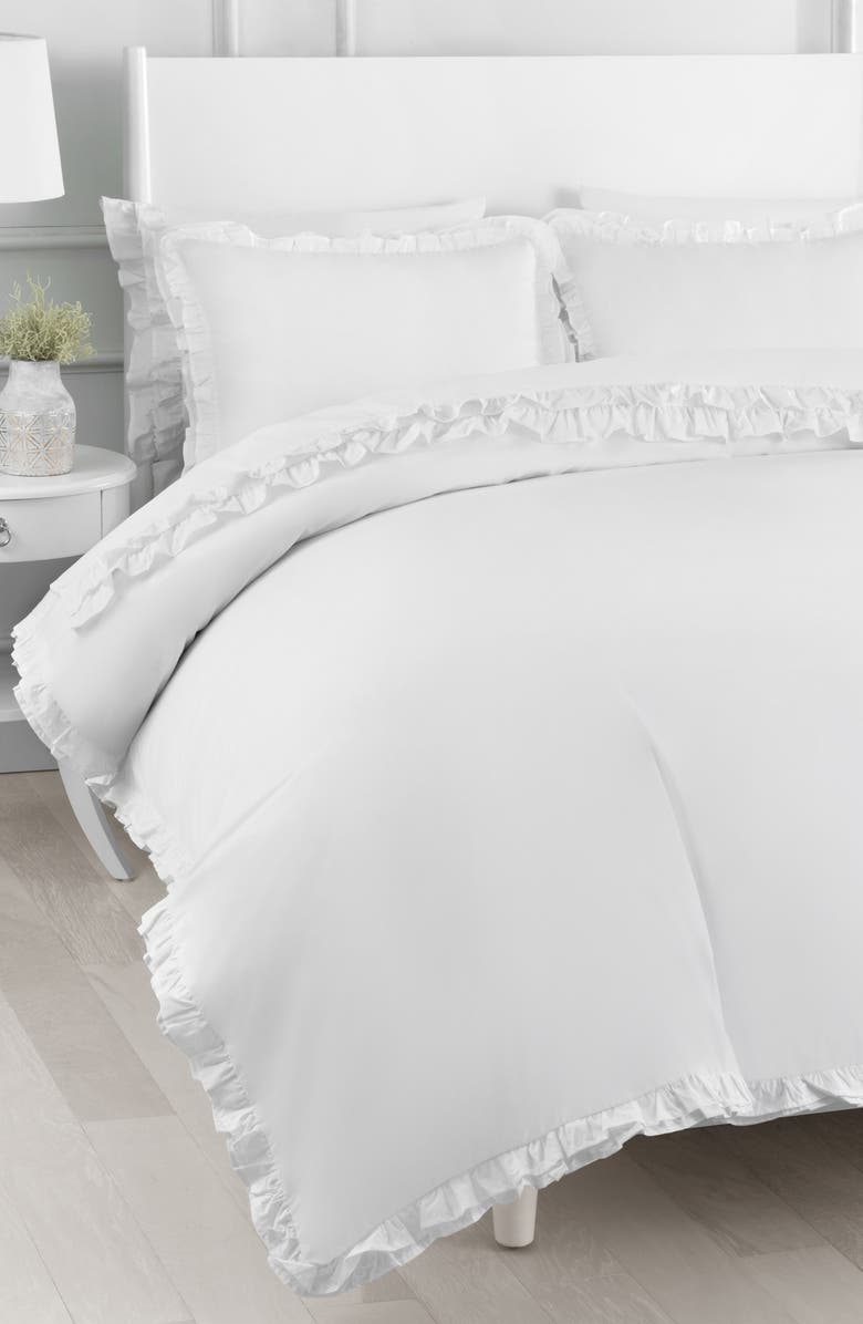 MELANGE HOME Percale Cotton Double Ruffle Duvet Set, Alternate, color, White/ White