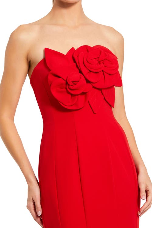 Mac Duggal Crepe Strapless Mermaid Gown With 3d Flowers In Red