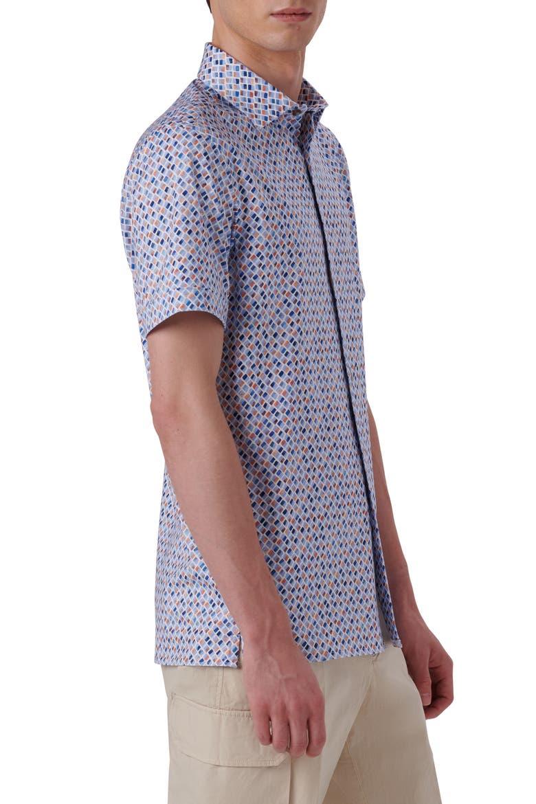 OoohCotton® Geo Print Short Sleeve Button-Up Shirt, Alternate, color, TOBACCO