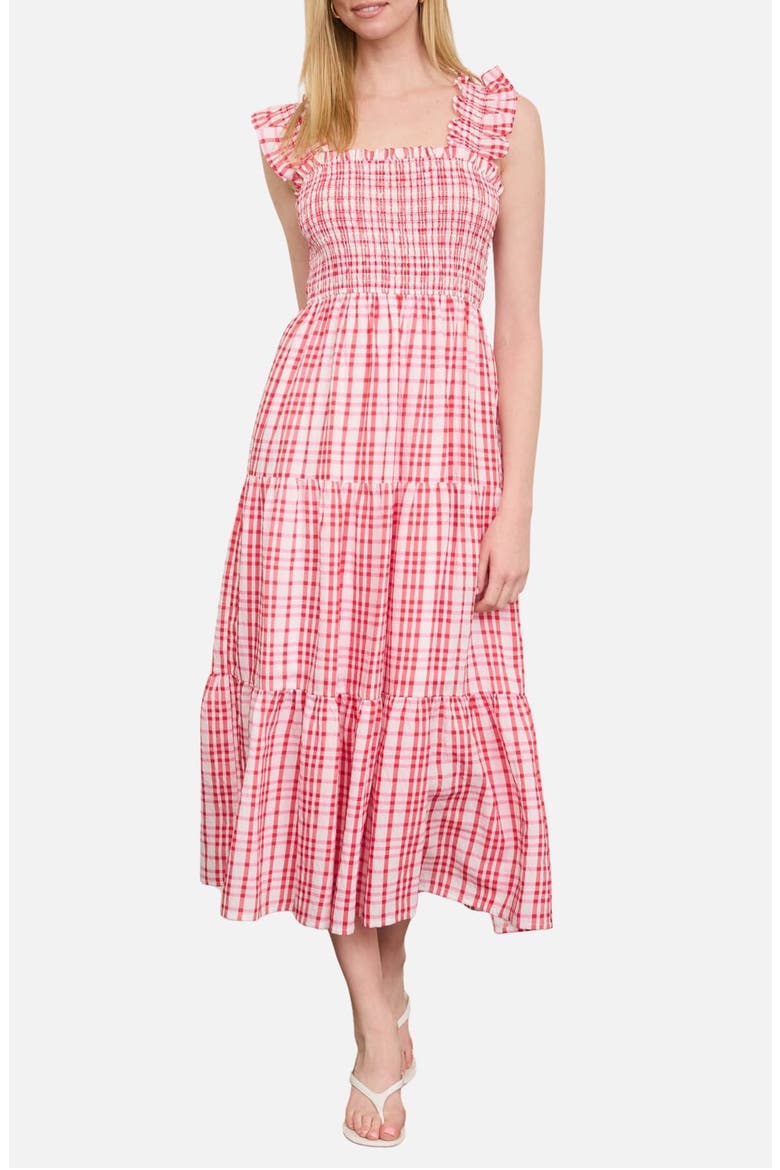 Plaid Ruffle Smocked Fit & Flare Midi Dress, Main, color, RED