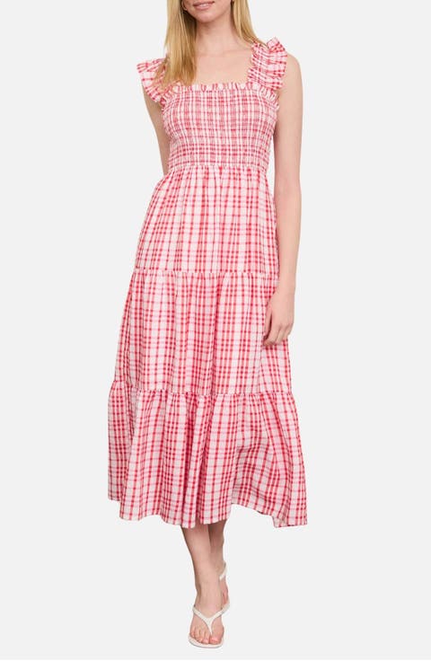 Plaid Ruffle Smocked Fit & Flare Midi Dress