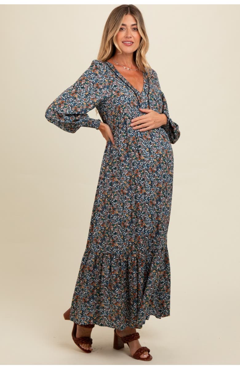 PinkBlush Floral V-Neck Bubble Sleeve Maxi Dress, Alternate, color, Navy Blue