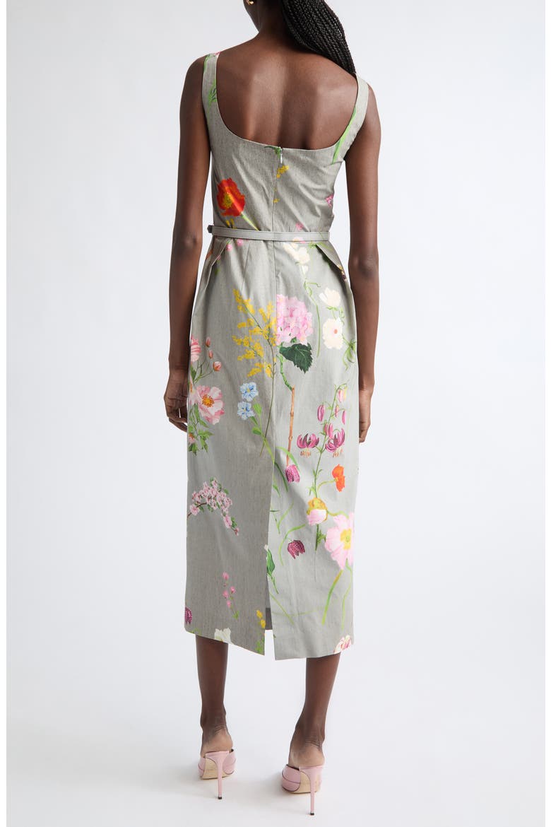 Mixed Botanical Pleated Cotton Stretch Poplin Midi Dress, Alternate, color, GREY MULTI