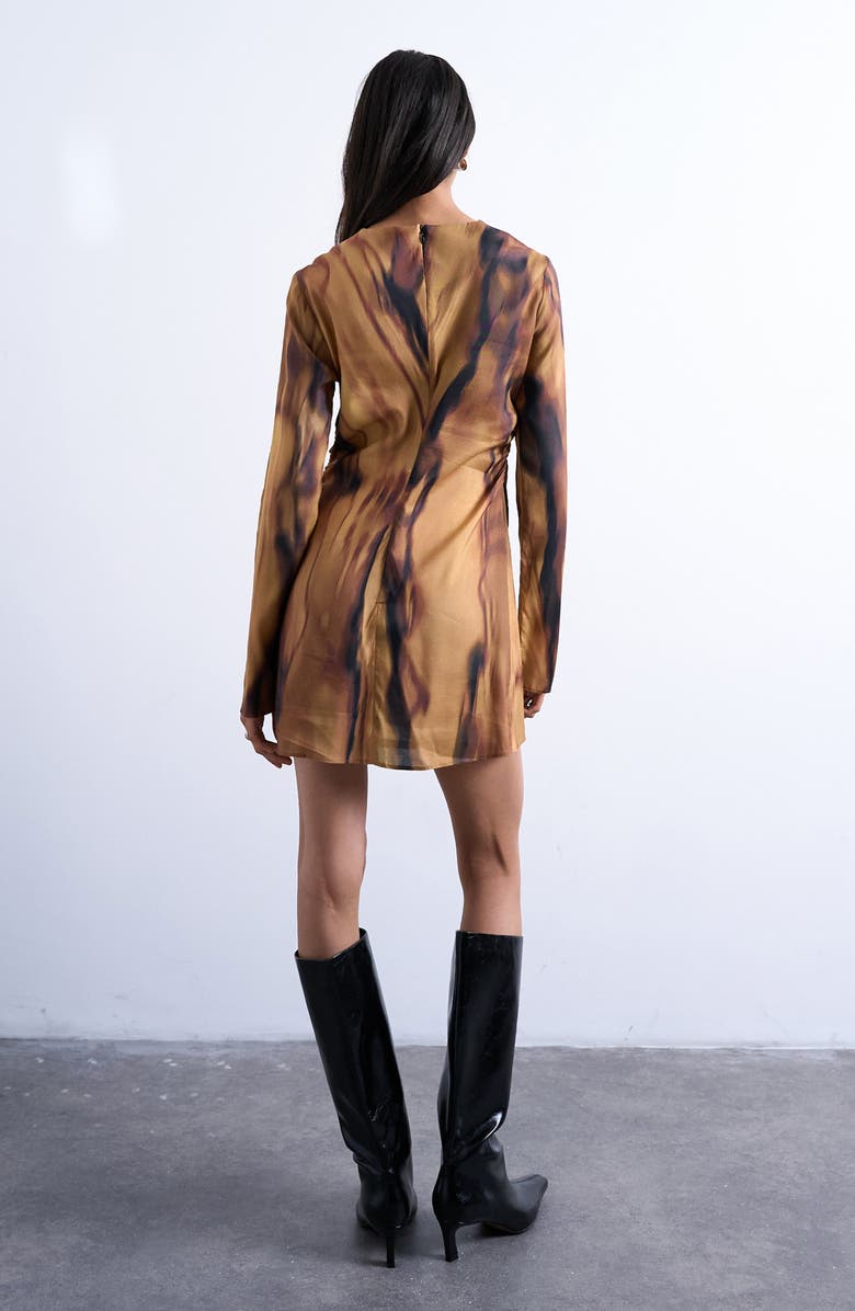 Topshop Waisted Abstract Print Long Sleeve Minidress, Alternate, color, Brown