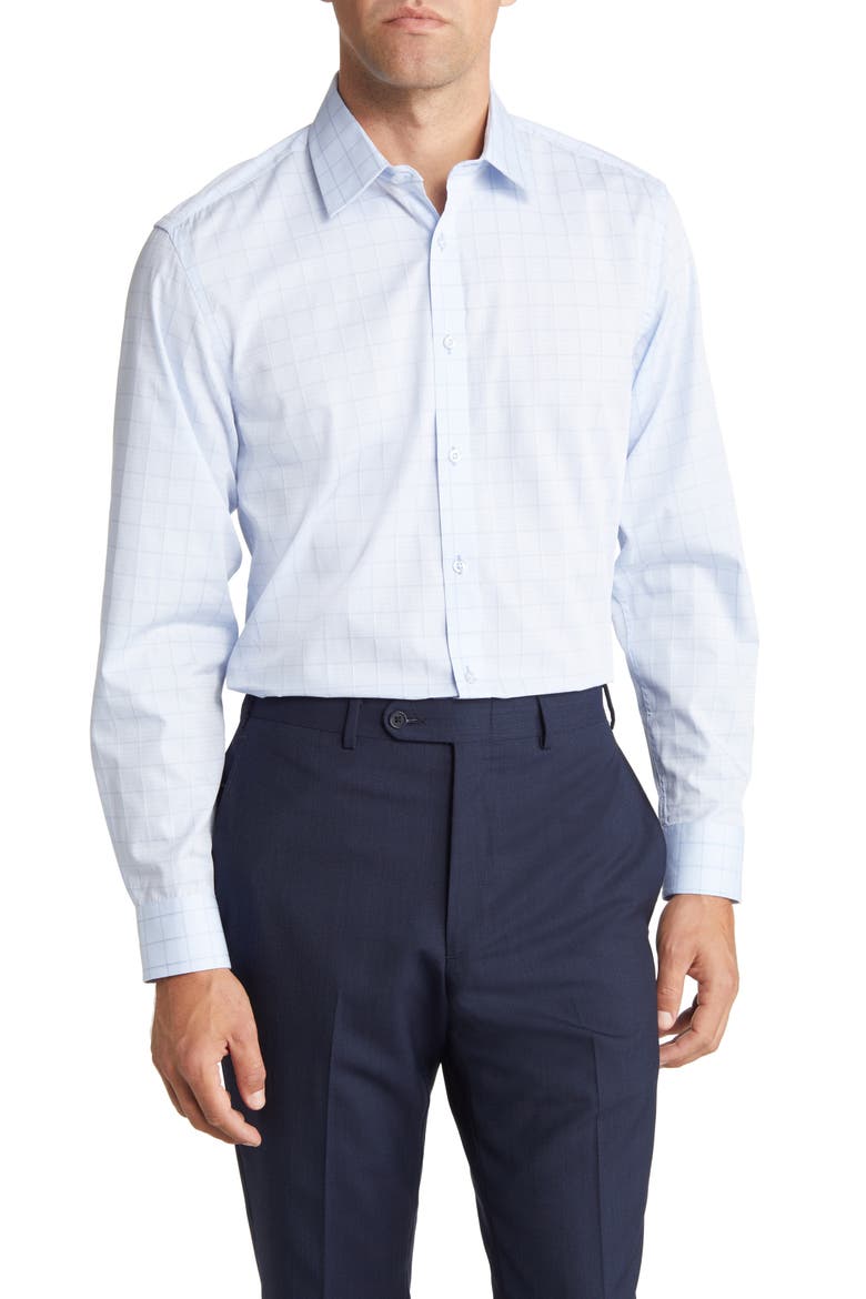 Trim Fit Fancy Check Cotton Dress Shirt, Main, color, NAVY