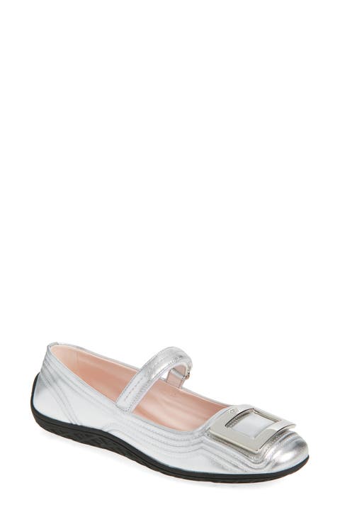 Viv Low Quilted Metallic Leather Mary Jane Ballet Flat (Women)