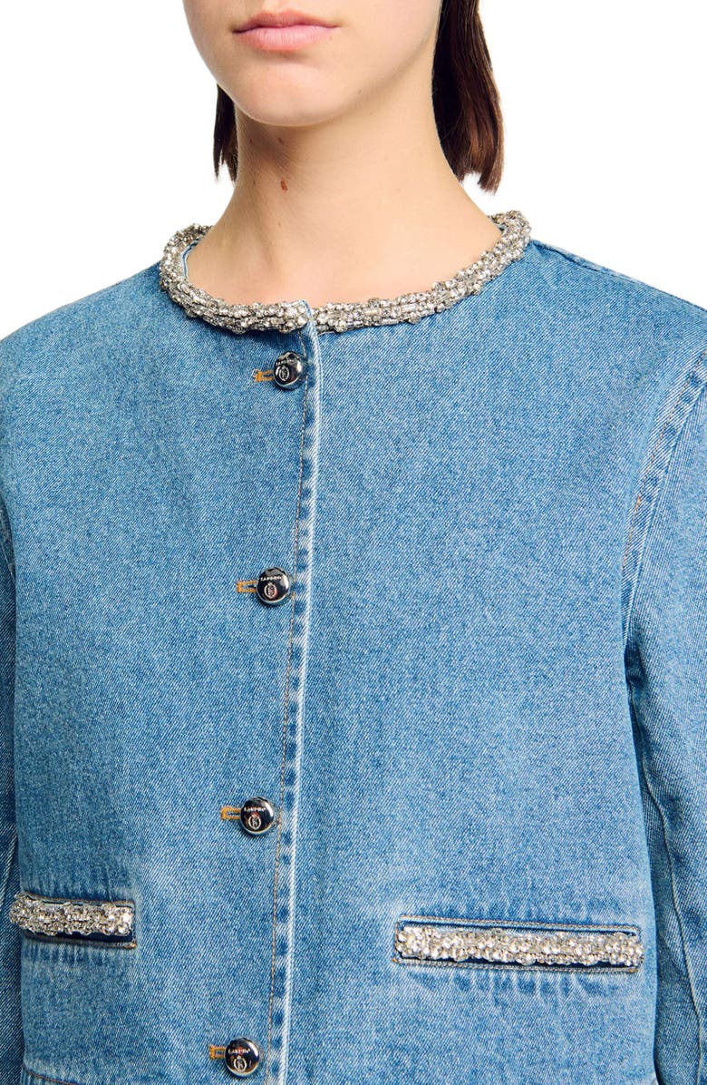 SANDRO Rhinestone denim jacket, Alternate, color, Blue Jean