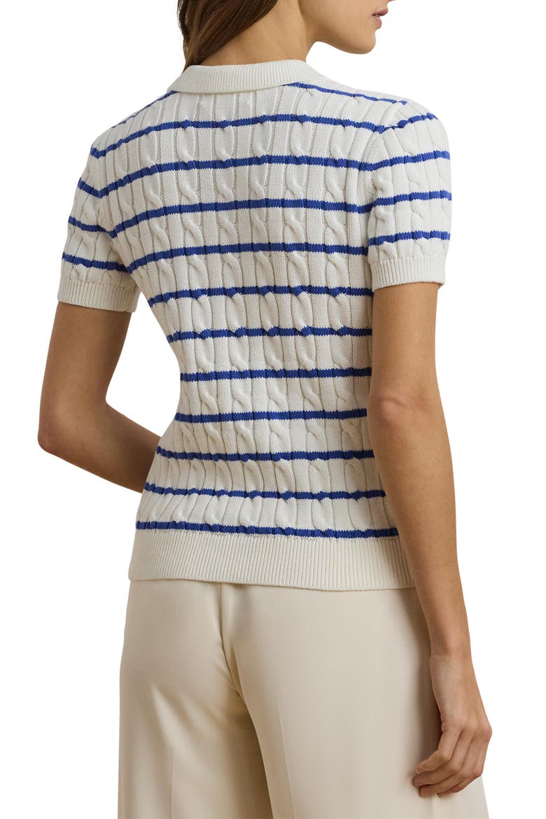 Striped Cable Knit Cotton Polo Sweater, Alternate, color, WHITE/ BLUE LAPIS