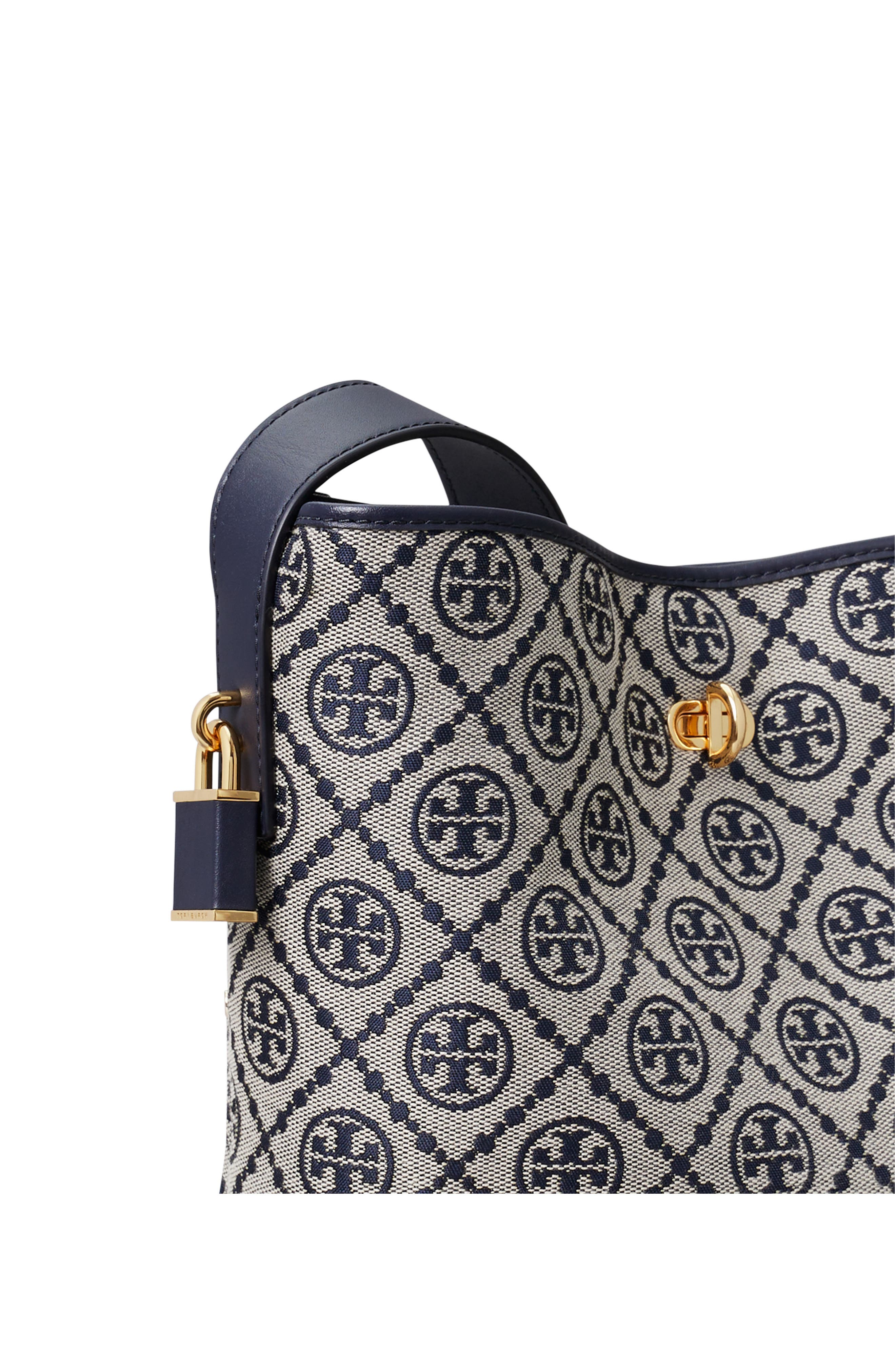 Tory Burch Medium Lock T Monogram Bucket Bag, Alternate, color, Tory Navy