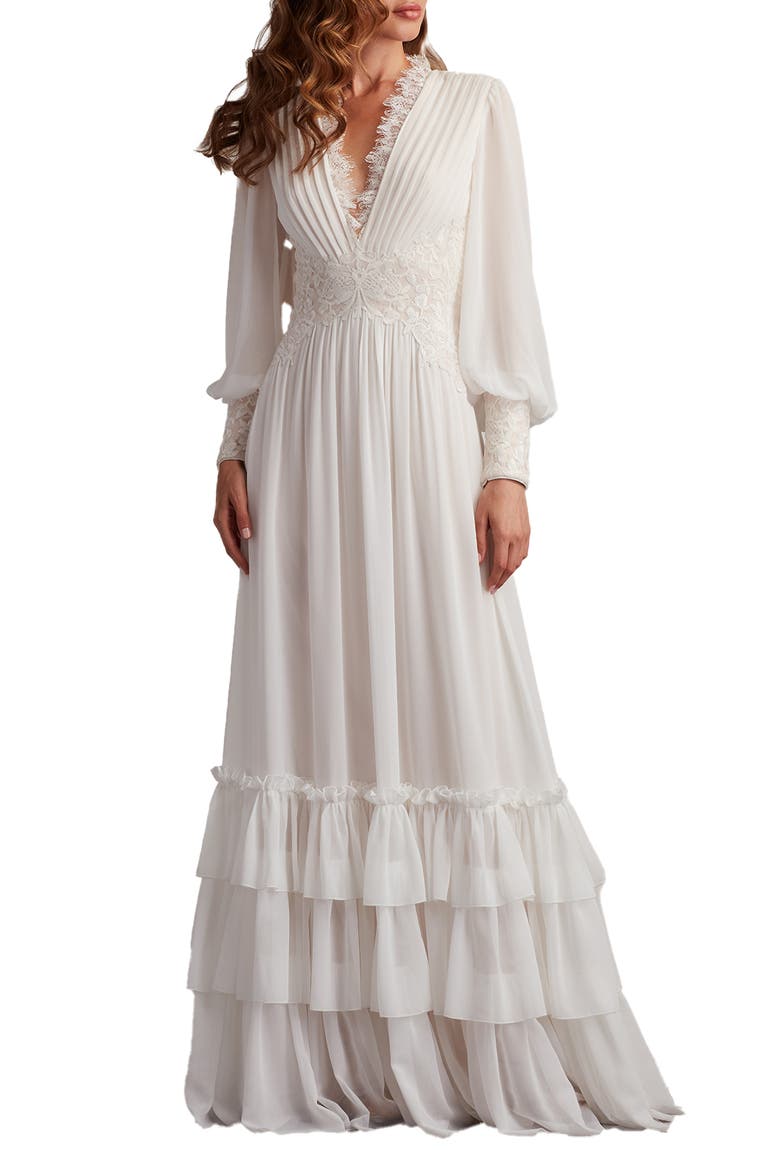 Ruffle Pleated Long Sleeve Chiffon Gown, Main, color, IVORY/ PETAL