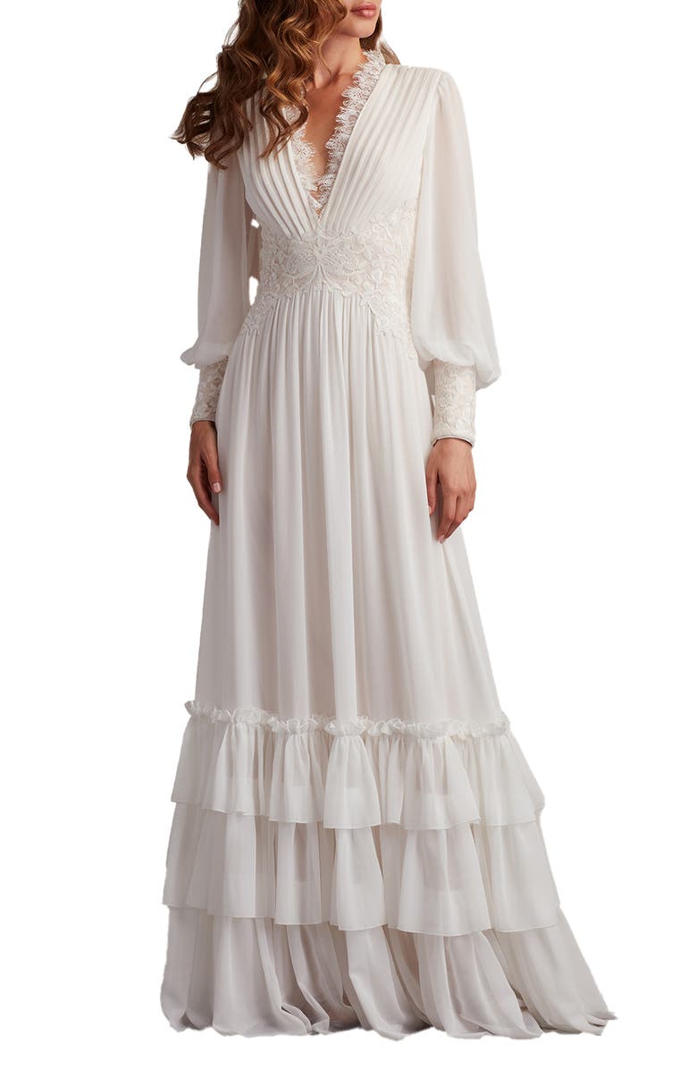 Tadashi Shoji Ruffle Pleated Long Sleeve Chiffon Gown, Main, color, Ivory/ Petal