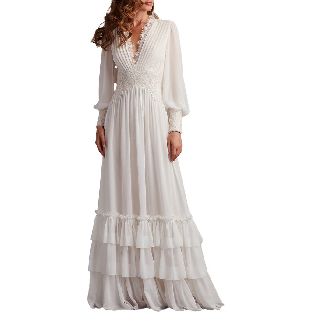 Tadashi Shoji Ruffle Pleated Long Sleeve Chiffon Gown In Gray
