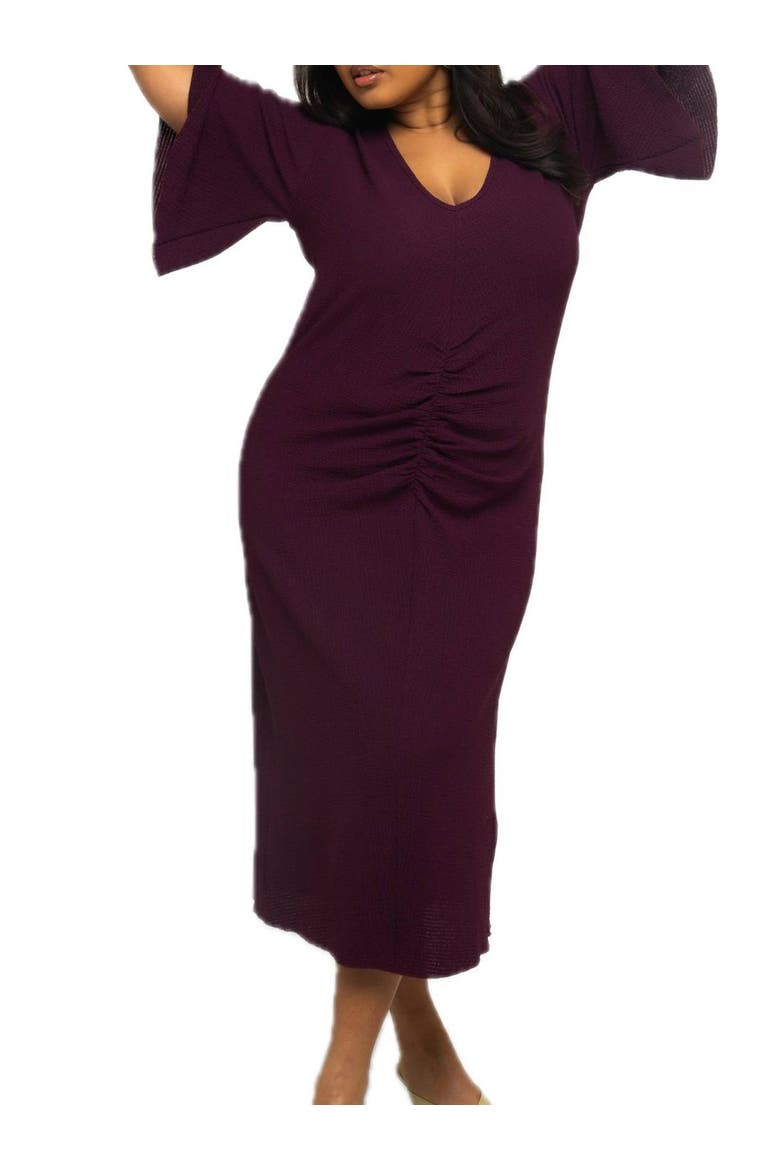 Ruched Flutter Sleeve Midi Dress, Alternate, color, Plum