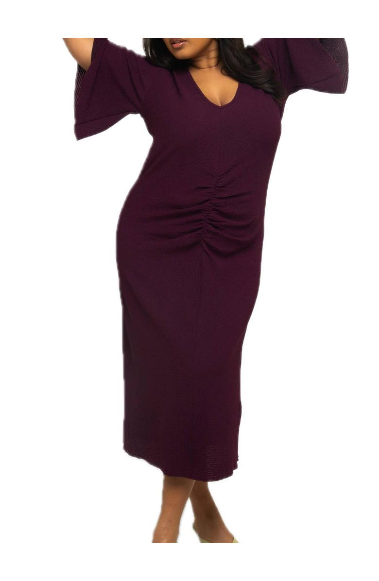 FASHION-SZN CURVE Ruched Flutter Sleeve Midi Dress, Alternate, color, Plum
