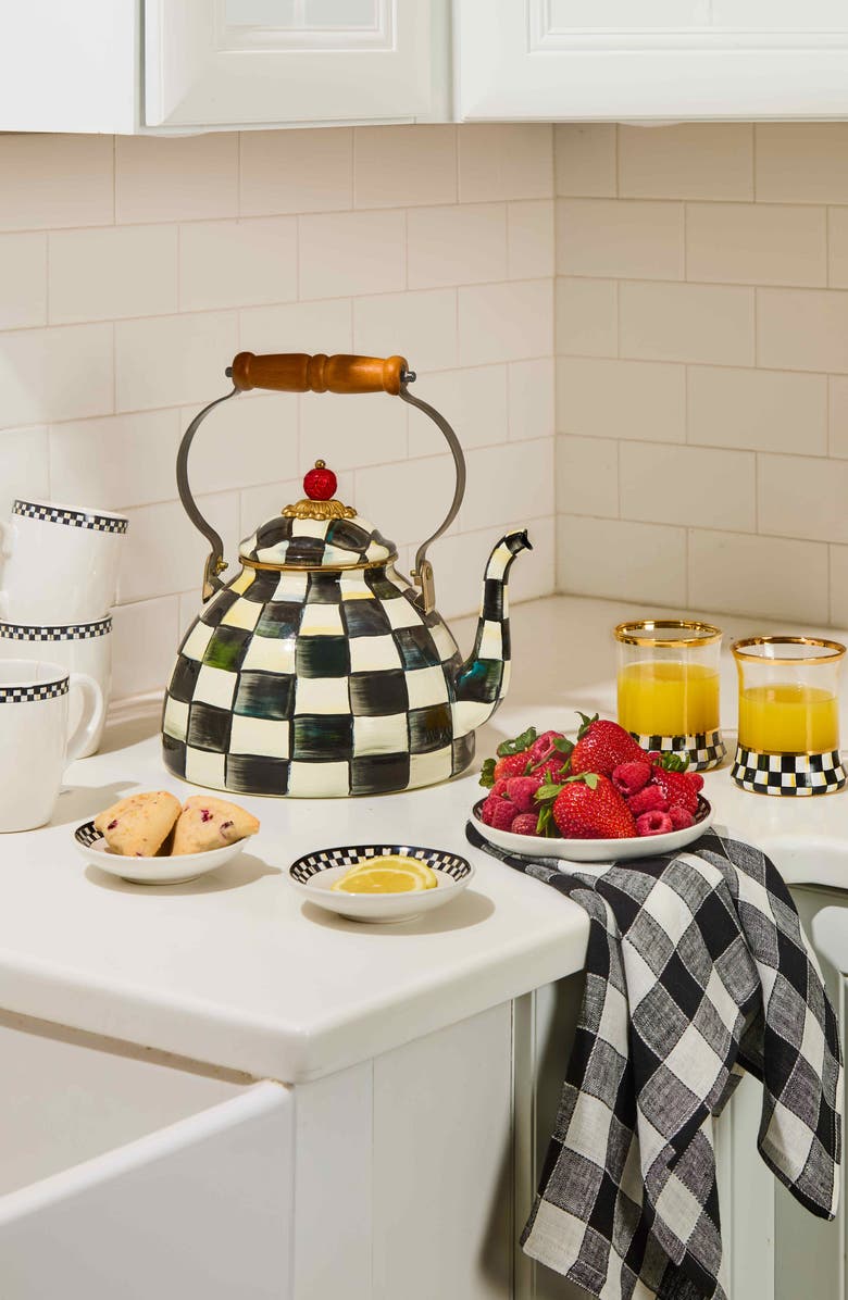 MACKENZIE CHILDS Check Enameled Steel 2-Quart Tea Kettle, Alternate, color, Black/ White