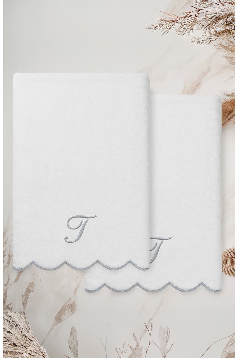 Adornia Scalloped 2-Piece Personalized Bath Towel Set, Alternate, color, WHITE/ GRAY T