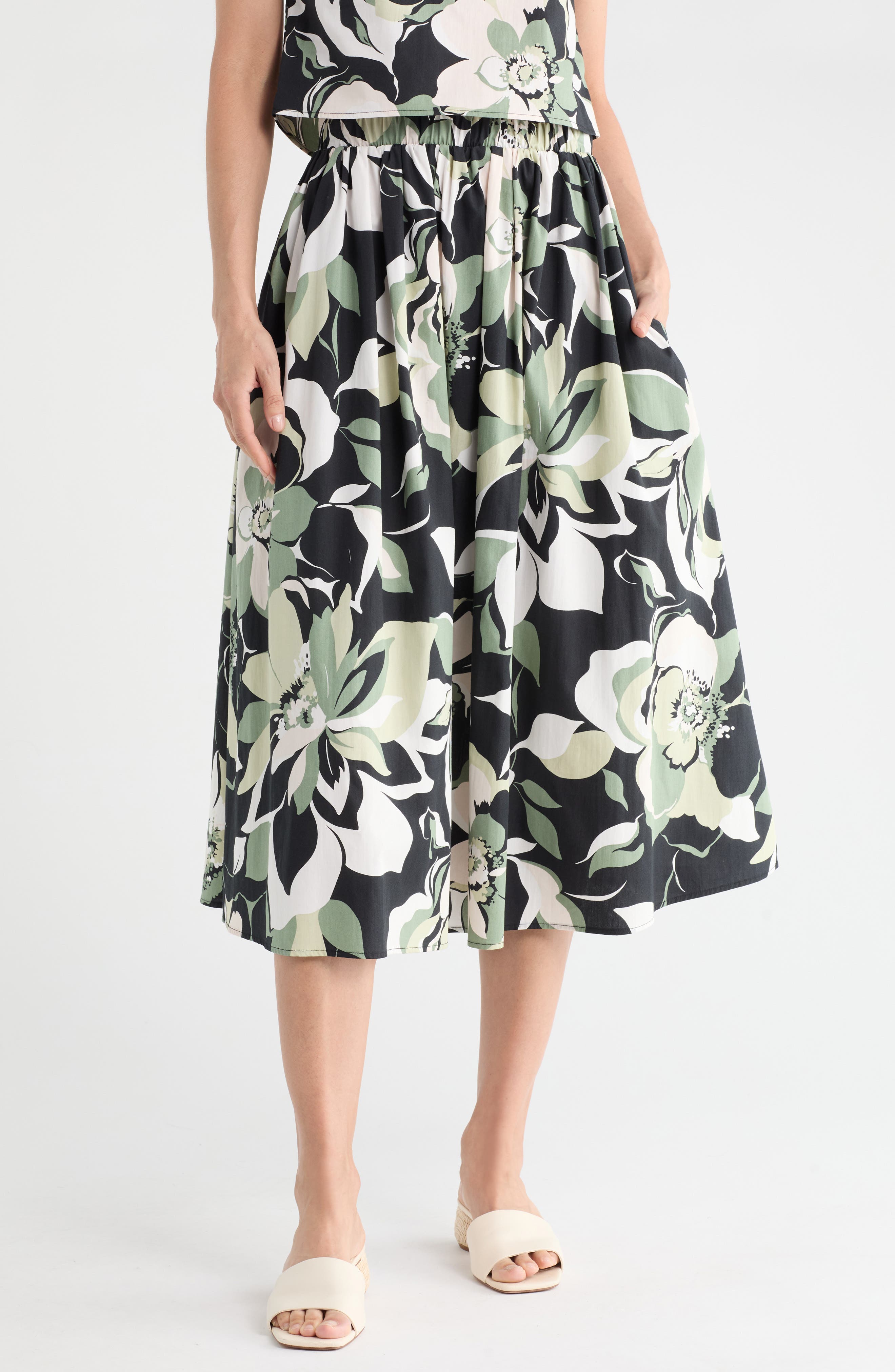 Renee C Floral Print Stretch Cotton Midi Skirt