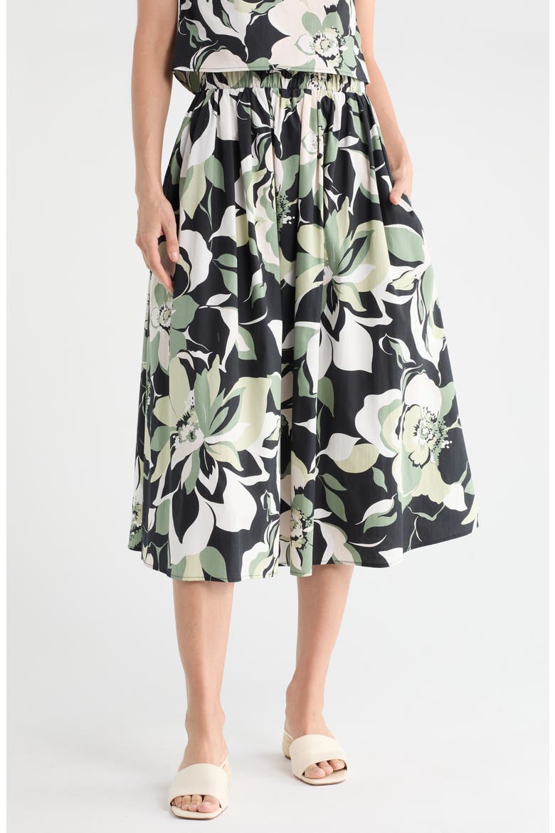 Floral Print Stretch Cotton Midi Skirt, Main, color, OLIVE MULTI