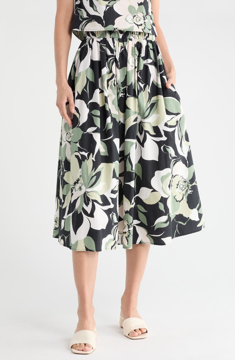 Renee C Floral Print Stretch Cotton Midi Skirt, Main, color, Olive Multi