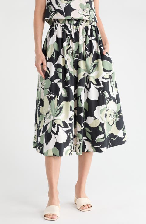 Floral Print Stretch Cotton Midi Skirt