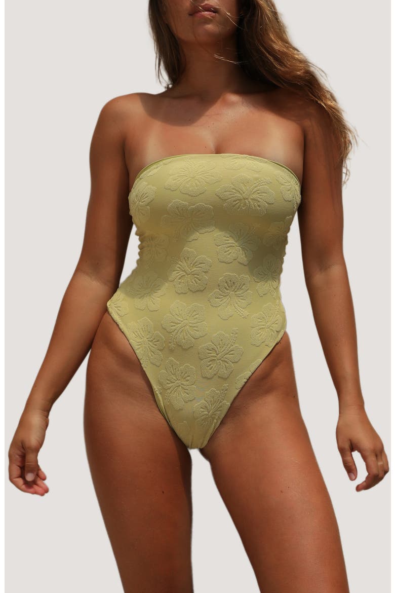 Paola Macramé Strapless One-Piece Swimsuit, Main, color, SOFT SAGE HIBISCUS TOWELING
