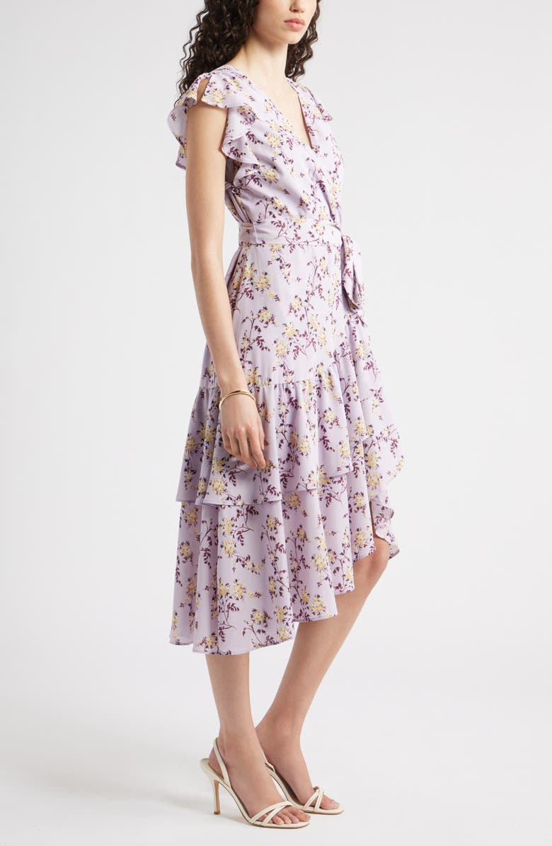 Chelsea28 Flutter Sleeve Faux Wrap Midi Dress, Alternate, color, Purple- Tan Melody Floral