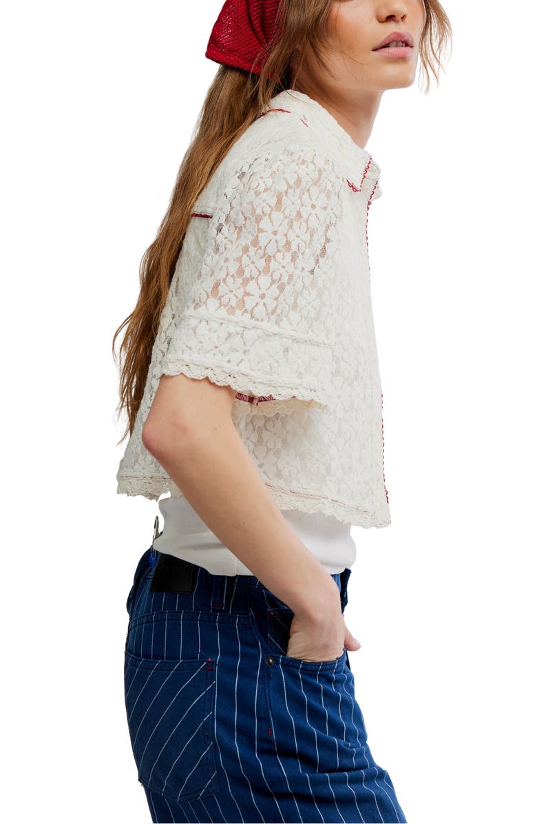 Free People Mannie Floral Lace Button-Up Crop Shirt, Alternate, color, Whisper White