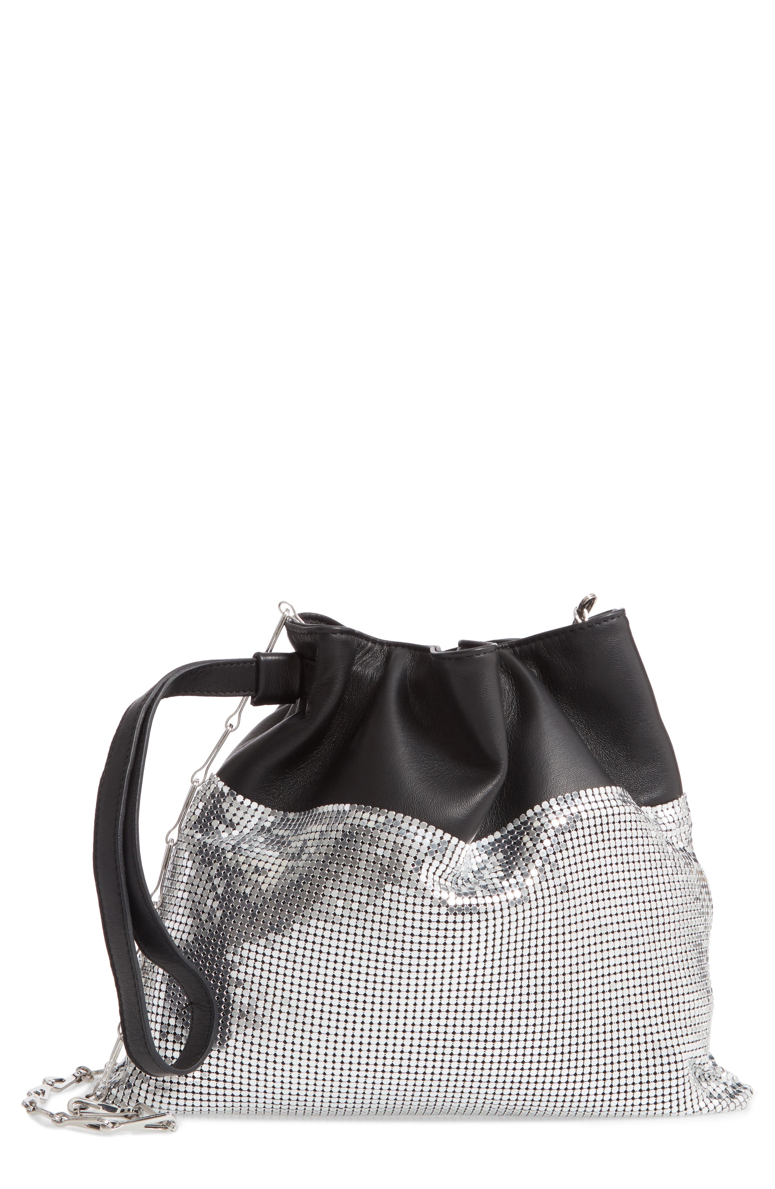 Rabanne paco rabanne Metallic Mesh & Leather Bucket Bag, Main, color, 