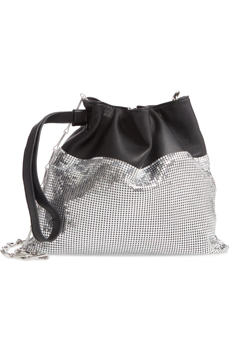 Rabanne paco rabanne Metallic Mesh & Leather Bucket Bag, Main, color,
