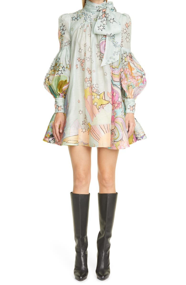 Zimmermann Concert Tie Neck Long Sleeve Linen & Silk Swing Minidress, Main, color, 