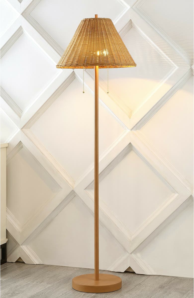 JONATHAN Y Nando 61" 2-Light Coastal Bohemian Iron/Rattan LED Floor Lamp with Pull-Chain, Brown Wood Finish, Alternate, color, Brown Wood Finish