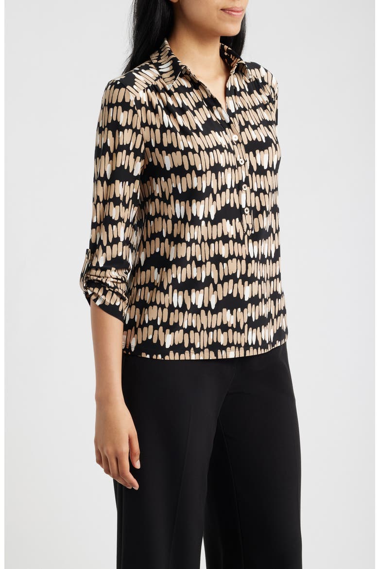 Print Three-Quarter Sleeve Button-Down Shirt, Alternate, color, VICUNA MULTI