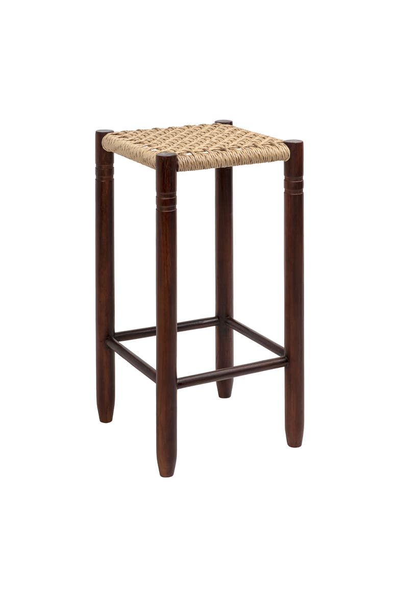 Columnar Bohemian Indoor/Outdoor Wood Backless Counter Stool, Woven Synthetic Rattan Seat for Patio Kitchen Island, Dark and, Main, color, Dark Brown -29.5"