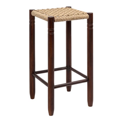 Handcrafted Wood Backless Indoor/Outdoor Bar Stool with Synthetic Woven Seat