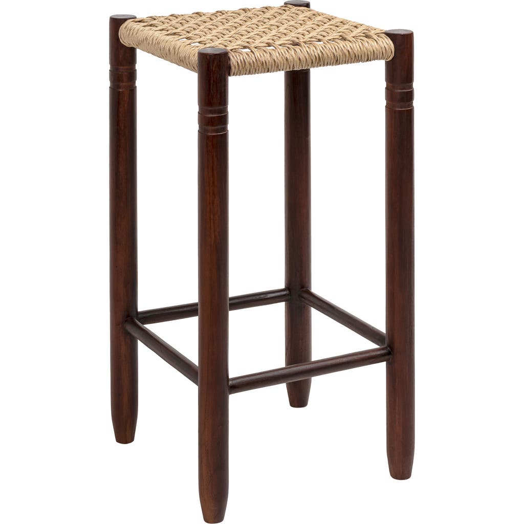 JONATHAN Y Columnar Bohemian Indoor/Outdoor Wood Backless Counter Stool, Woven Synthetic Rattan Seat for Patio Kitchen Island, Dark and in Dark Brown