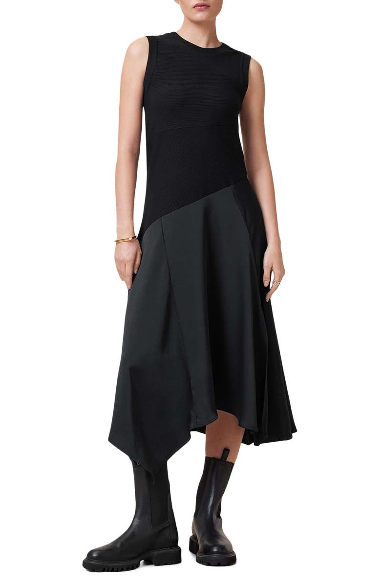 AllSaints Pia Sleeveless Mixed Media Asymmetric Dress, Main, color, Black